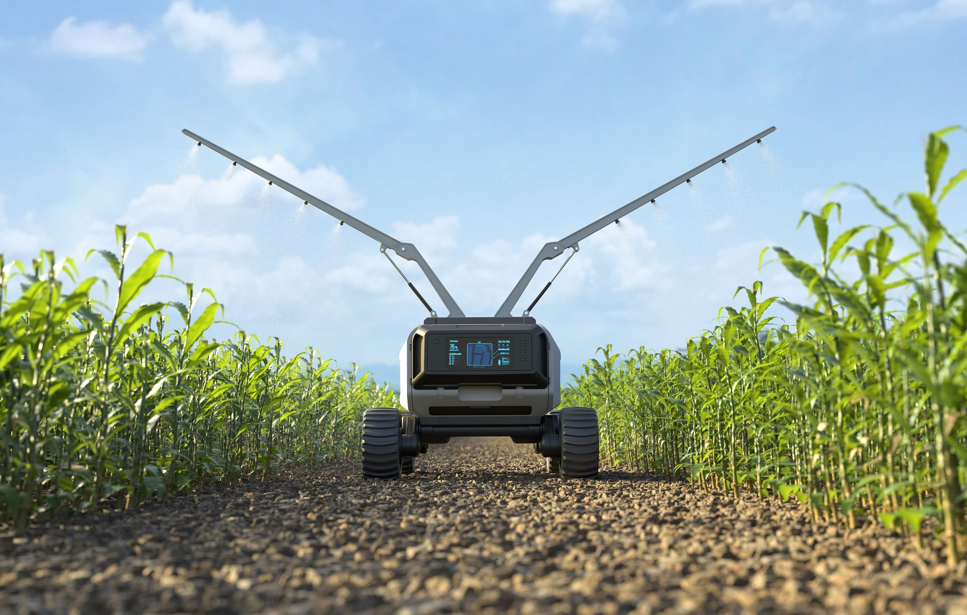 Agricultural robots work in smart farms, Robot spraying fertilizer on corn fields, Smart agriculture farming concept.